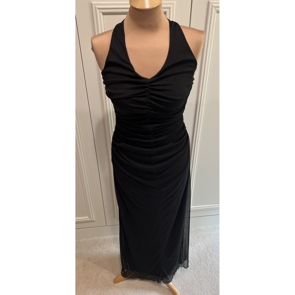 Vintage La Belle Black Ruched Mesh Overlay Maxi Dress Size Medium Gown Halter